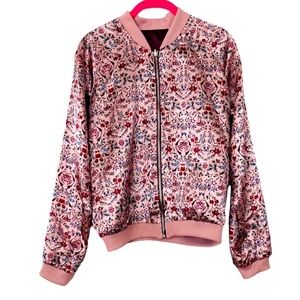 Boho bohemian Rose Floral Reversible Lightweight Bomber Jacket Medium